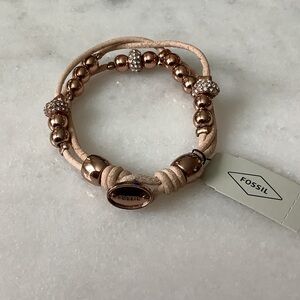Fossil Rose Gold Bead & Pale Pink Leather Wrap Bracelet, Brand New